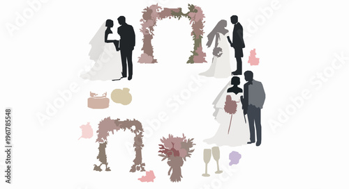 Watercolor wedding wreath clipart with bride groom silhouettes cake rings and floral elements isolated on white background