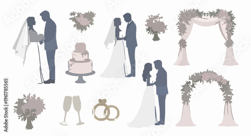 Elegant watercolor wedding clipart set with bride groom silhouettes cake rings bouquet and champagne isolated on white