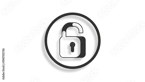 A black and white icon of an open padlock in a circle on a white background