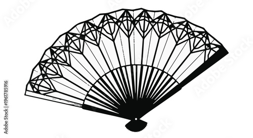 Elegant black folding fan with intricate geometric pattern