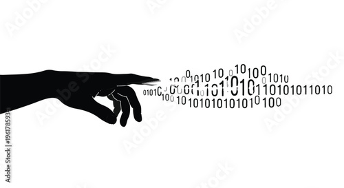 Human hand reaching out to touch a stream of binary code, symbolizing digital connection and technology.