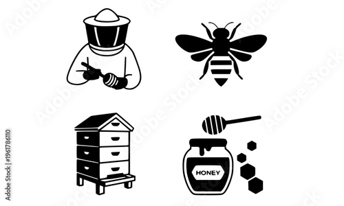 Bold black silhouette icon set of beekeeper, honey bee, beehive, and honey jar with dipper, perfect for apiary, organic honey branding and food packaging design