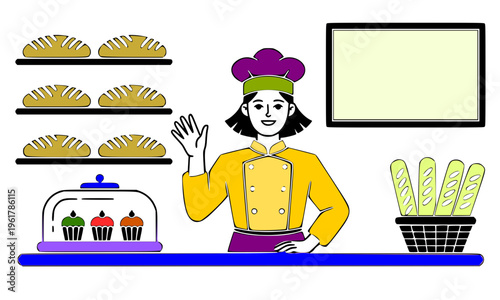 Cheerful cartoon baker standing at bakery counter with fresh bread, cupcakes, and baguettes in colorful flat illustration style, perfect for food and restaurant branding