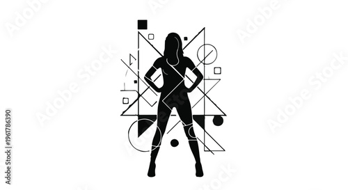 Dynamic silhouette of a confident woman against an abstract geometric background.