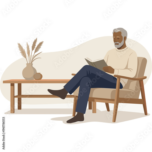 An elderly man reading a book while sitting on a chair indoors.