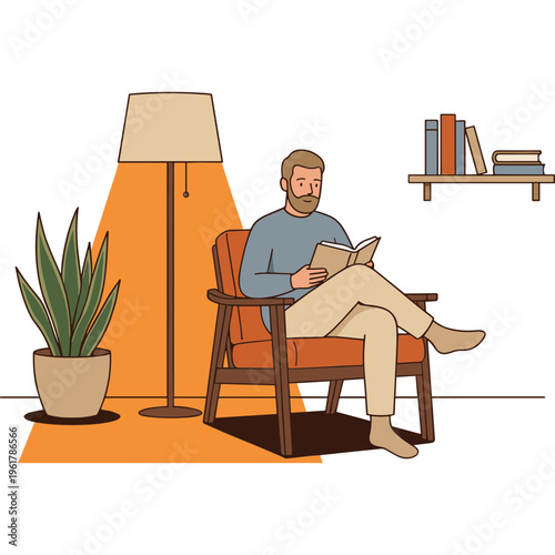 Man sitting in chair reading book next to lamp and plant indoors