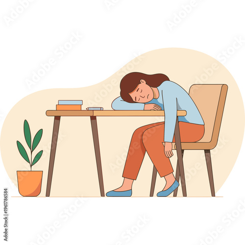 A woman sleeps at a desk with books and a plant nearby indoors.