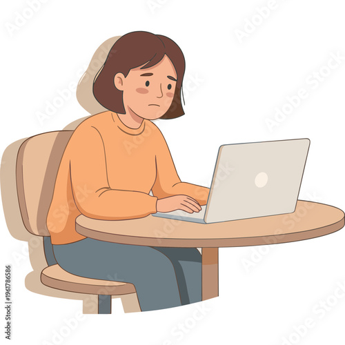 A woman sits at a table with a laptop on it looking worried