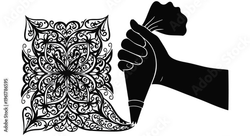 Hand piping intricate decorative pattern with icing bag