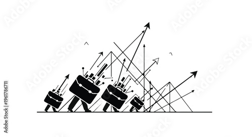 Business growth and success depicted by walking briefcases moving uphill towards upward arrows.