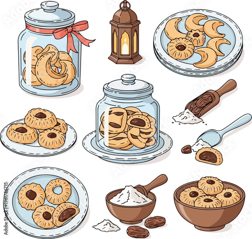 Eid al-Fitr Traditional Cookies and Pastries Illustration Set with Lantern and Dates
