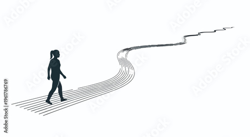 Silhouette of a woman walking along a winding path towards a bright future