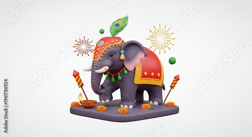 Festive 3D elephant adorned with traditional Indian decorations and fireworks