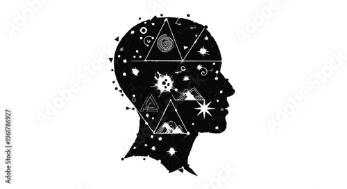 Silhouette of a human head filled with cosmic constellations and abstract geometric shapes representing thoughts and imagination