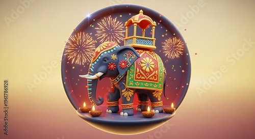 Decorated elephant with fireworks and diyas celebrates a festive Indian holiday