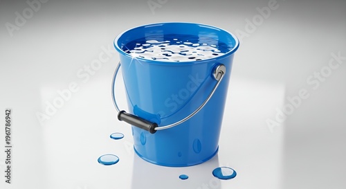 A bright blue bucket filled with clear water and some spilled drops on a clean surface