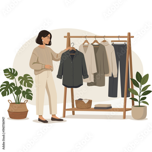 Woman choosing clothes on rack with plants indoors at home