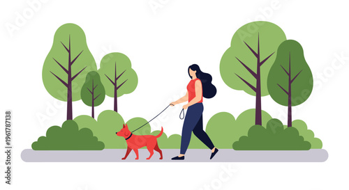 Young woman enjoys a peaceful walk with her adorable red dog on a leash through a beautiful and serene green city park.