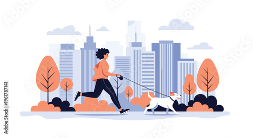 Active young woman and her happy dog are jogging together on a leash with a modern city skyline in the background.