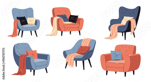 Collection of stylish and cozy armchairs in various colors with comfortable pillows and blankets for modern home interior design.