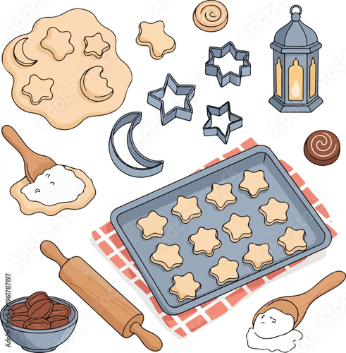 Ramadan and Eid al-Fitr Baking Preparation Illustration with Star and Crescent Cookie Cutters, Flour, Rolling Pin, and Lantern on White Background