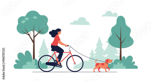 Young woman enjoys a healthy outdoor activity by riding her bicycle in the park while her dog runs alongside on a leash.