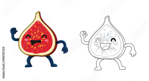 Cheerful half-fig cartoon character is flexing its arm with a happy expression in both color and line art coloring page versions.