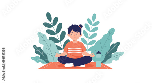 Peaceful young person with hair in a bun is meditating in the lotus yoga pose surrounded by lush green house plants.