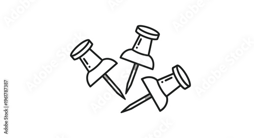 Three simple hand-drawn push pins or thumbtacks for pinning notes and reminders to a cork board in an office or school setting.