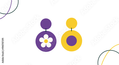 Pair of colorful retro-style dangling earrings with a daisy flower design in purple and yellow for a groovy 70s fashion look.