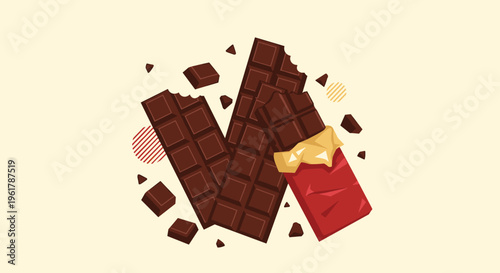 Dynamic composition of delicious dark chocolate bars with pieces and crumbs flying around against a light-yellow background.