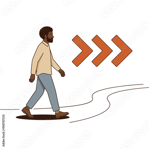 A man walks along a winding path with arrows pointing to the right side
