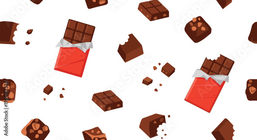 Sweet and delicious seamless pattern of chocolate bars brownies and chocolate pieces on a clean and simple white background.