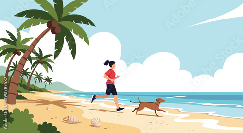 Young woman and her dog enjoy a healthy and active lifestyle by jogging together on a beautiful tropical beach with palm trees.