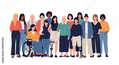 A diverse group of strong and confident women of different ages ethnicities and abilities stand together in solidarity and support.