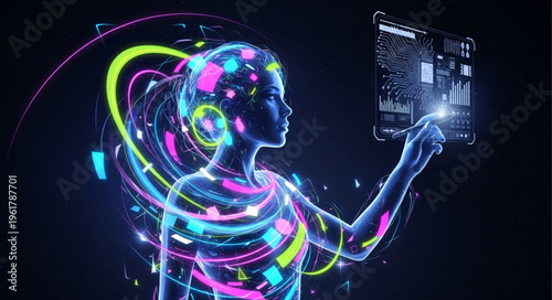 Futuristic Woman Interacting with Holographic Technology Interface.