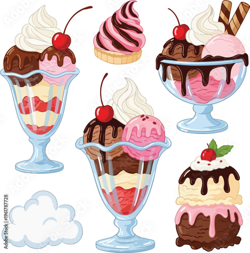 Delicious Ice Cream Sundae Collection with Chocolate Syrup and Cherries for Summer Dessert Menu