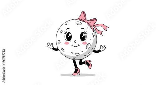 A cute cartoon moon character wearing a pink bow and high heels while smiling and dancing happily on a plain white background.