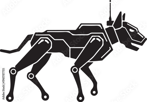 Cybernetic dog robot, futuristic canine illustration, black and white vector, robotic animal design