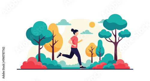 A vibrant flat design illustration of a woman running through a colorful park promoting an active and healthy outdoor lifestyle.
