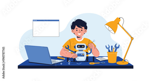 A young boy at his desk building a robot with tools and a laptop nearby showing a stem education and robotics hobby concept.