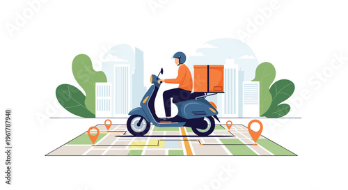 A courier on a scooter makes a delivery using a gps map with location pins illustrating a fast and modern delivery service.