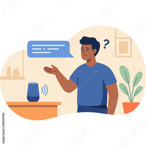 Man interacts with smart speaker in living room with question mark