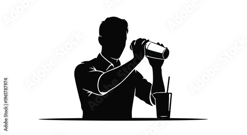 Silhouette of a bartender skillfully mixing a drink in a shaker over a glass.