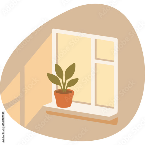A serene indoor scene with a potted plant on a windowsill in a cozy room.