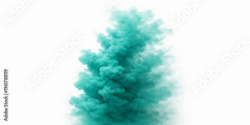 Blue smoke swirls in a design resembling a frost covered winter fir tree against a white paper texture background with light holiday decoration colors