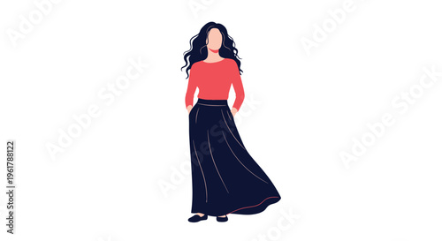 A stylish faceless illustration of a woman with long dark hair wearing a red top and flowing black pants with hands in her pockets.