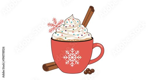 A festive red mug of hot chocolate with whipped cream sprinkles and cinnamon sticks perfect for a cozy winter holiday season.