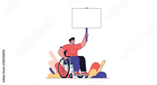 A young man in a wheelchair holding up a blank sign for protest or demonstration with space for custom text or a message.