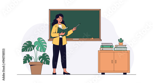 A friendly female teacher standing in a classroom holding a book and pointing to a chalkboard with plants and books nearby.